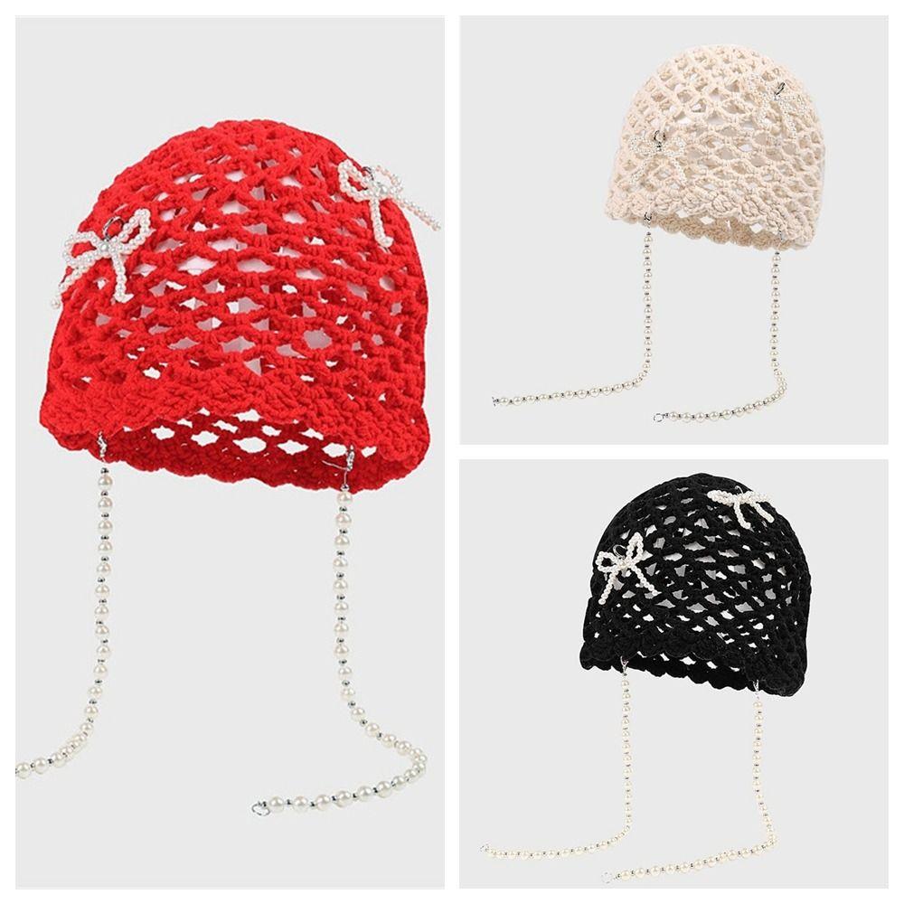 Hollow Out Crochet Knitted Hat Pearl Tassels Knit Cap Fashion Ethnic Style Hat  Girls