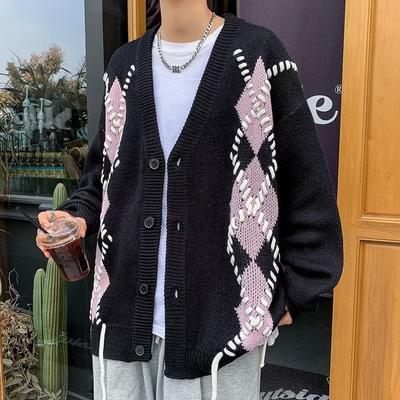 Black Color-blocked Diamond Stitched Sweater Cardigan for Men and Women New Autumn Loose Korean Style Knitted Casual Top