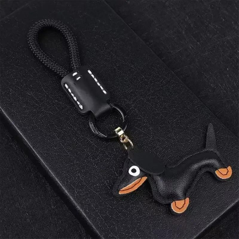 Custom Number Sausage Dog Leather Keychain Pendant Personalized Cartoon Keyring with Braid Rope Bag Car Key Ring