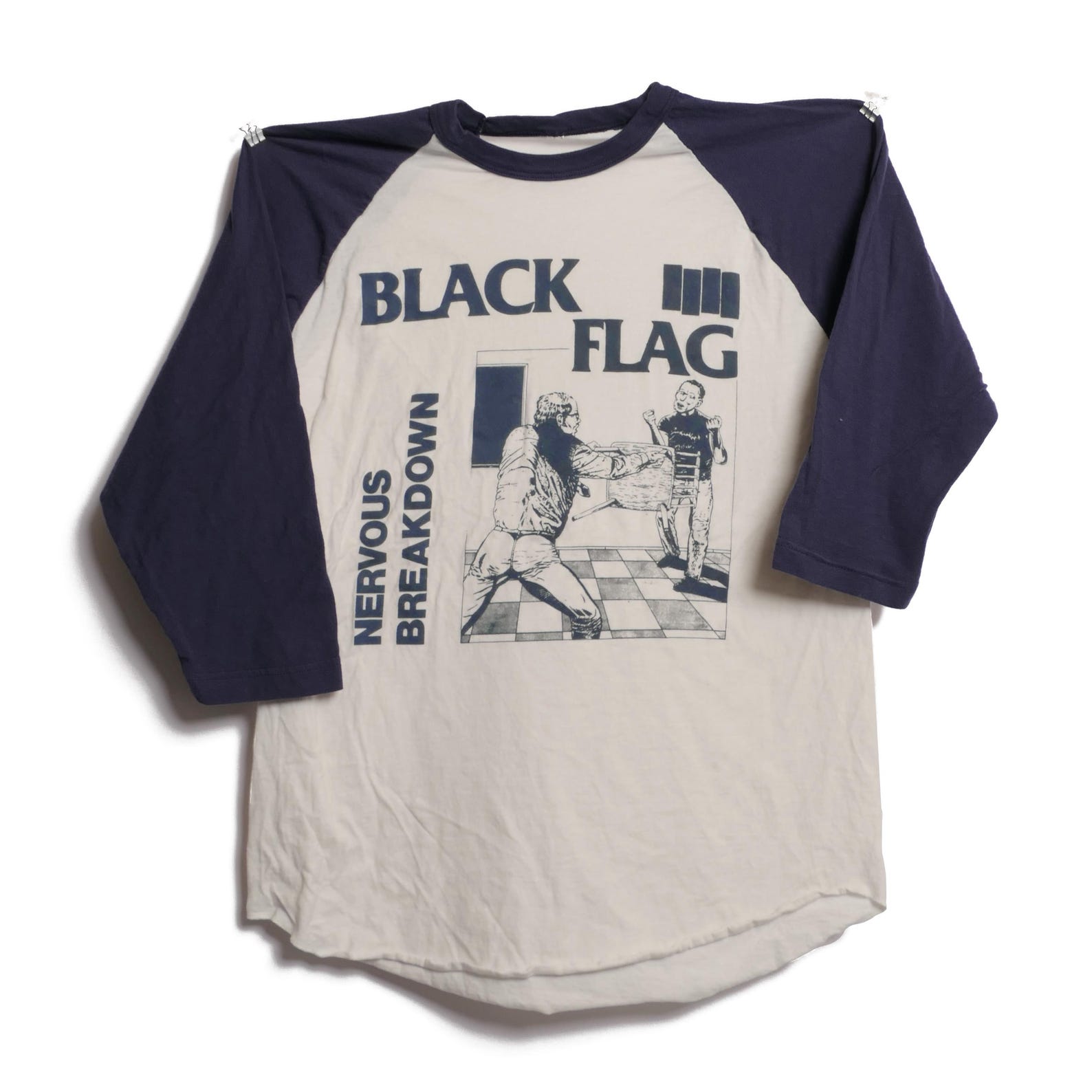 Black Flag Nervous Breakdown Raglan Baseball Tee Raymond Pettibon Album Art Vintage American Punk Rock Band Faded Off White Shirt - L 2XL