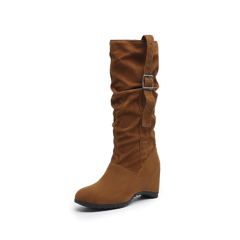 Fashion Mid calf Women's Internal Height Boots Women Shoes High Quality New Round Toe Solid English Style Fashion Casual Buckle Pleated