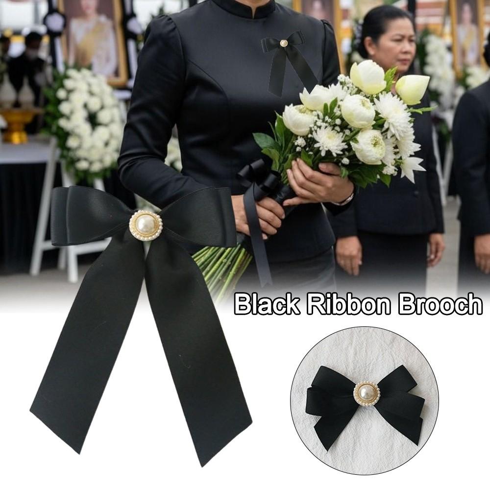 Black Satin Bowknot Brooches Pearl Badge Pin Elegant Clothes Accessories For Funerals and Mourning