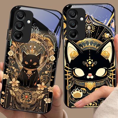 Black Gold Cat For Samsung Galaxy A15 5G 54 4G 51 50 24 35 90 71 12 51 53 52S 80 22 34 Black Tempered Glass Phone Case