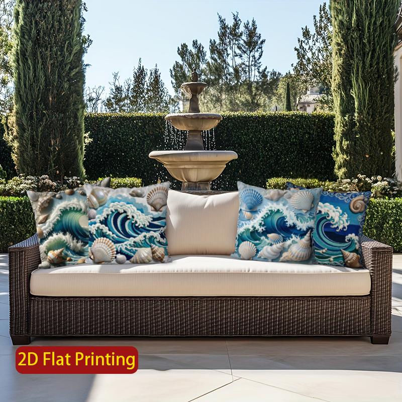 2D Seashell Wave Pillowcases: Oceanic Coastal Design Pattern Cushion Cover Suitable For Sofa Bedroom Car Pillow Cover