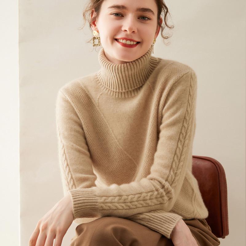 Women's Diamond Knit Cashmere Turtleneck Sweater - Thick, Stylish Base Layer for Autumn/Winter Outfits