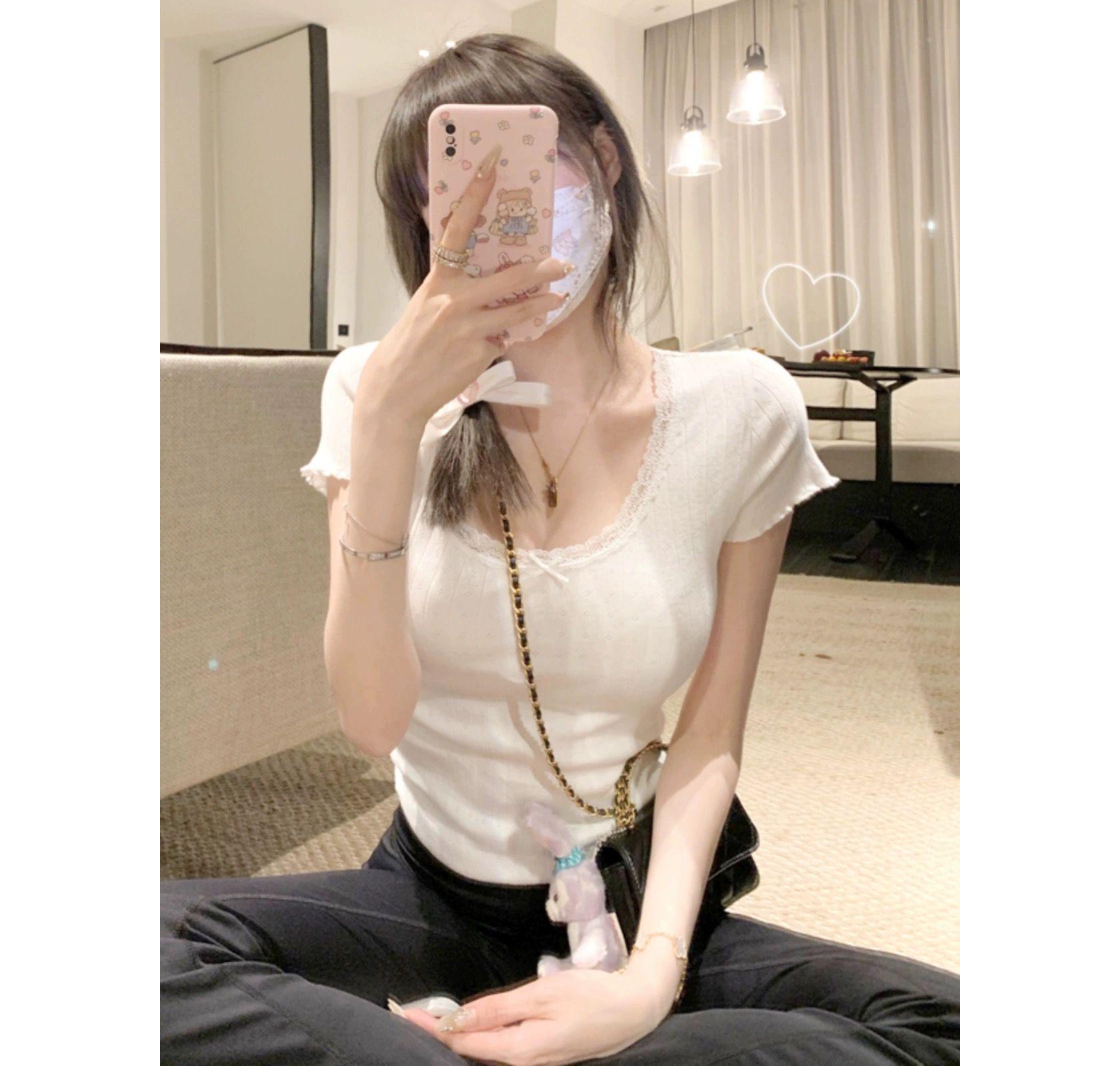 

Кружевной топ с U-образным вырезом Pure & Sexy: Женский утягивающий кроп-топ с коротким рукавом для весны/лета M белый