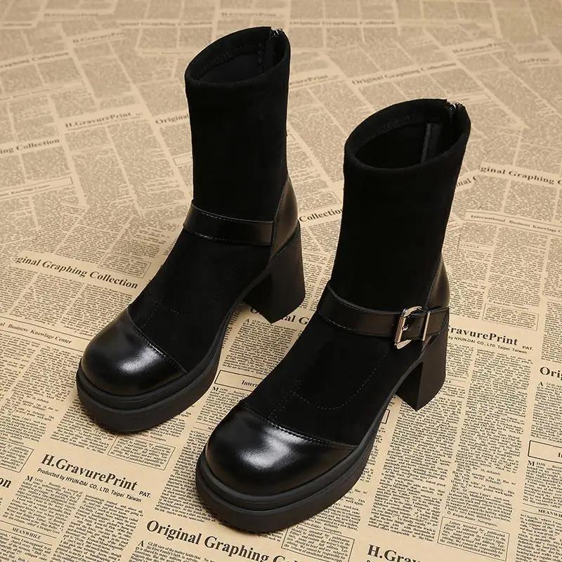 

Замшевые высокие каблуки на платформе женские ботильоны модные зимние ботинки трендовая обувь зимние новые массивные модные зимние ботинки Zapatos Mujer 35 чёрный
