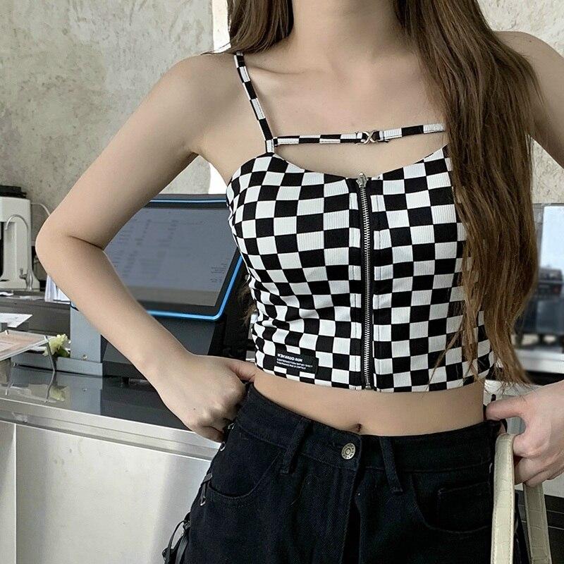 Women Korean Checkered Zipper Sexy Slim Camisole Short Top