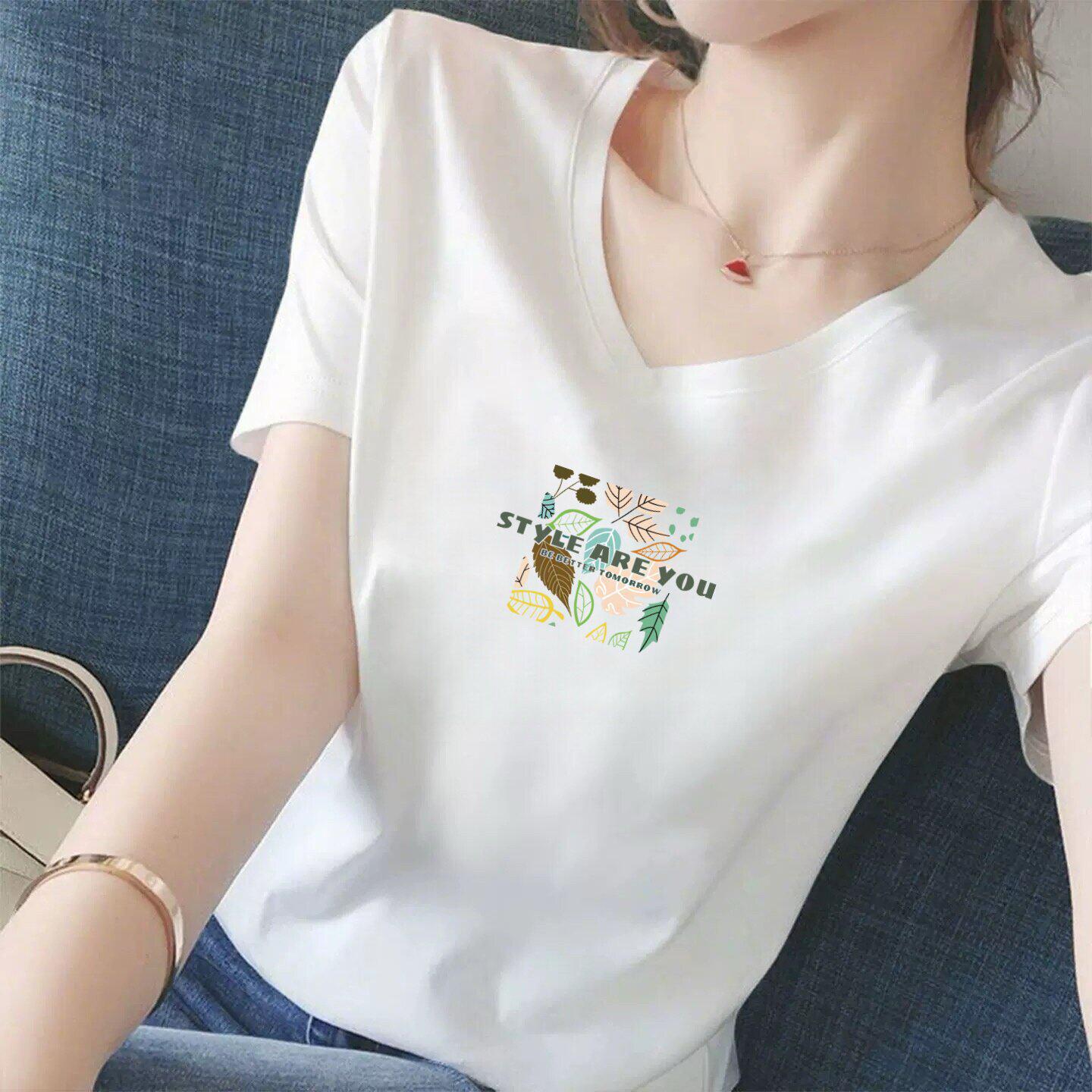 Women s Stylish White V-Neck Loose-Fit Printed Short-Sleeve T-Shirt – Versatile & High-End Casual Top Large