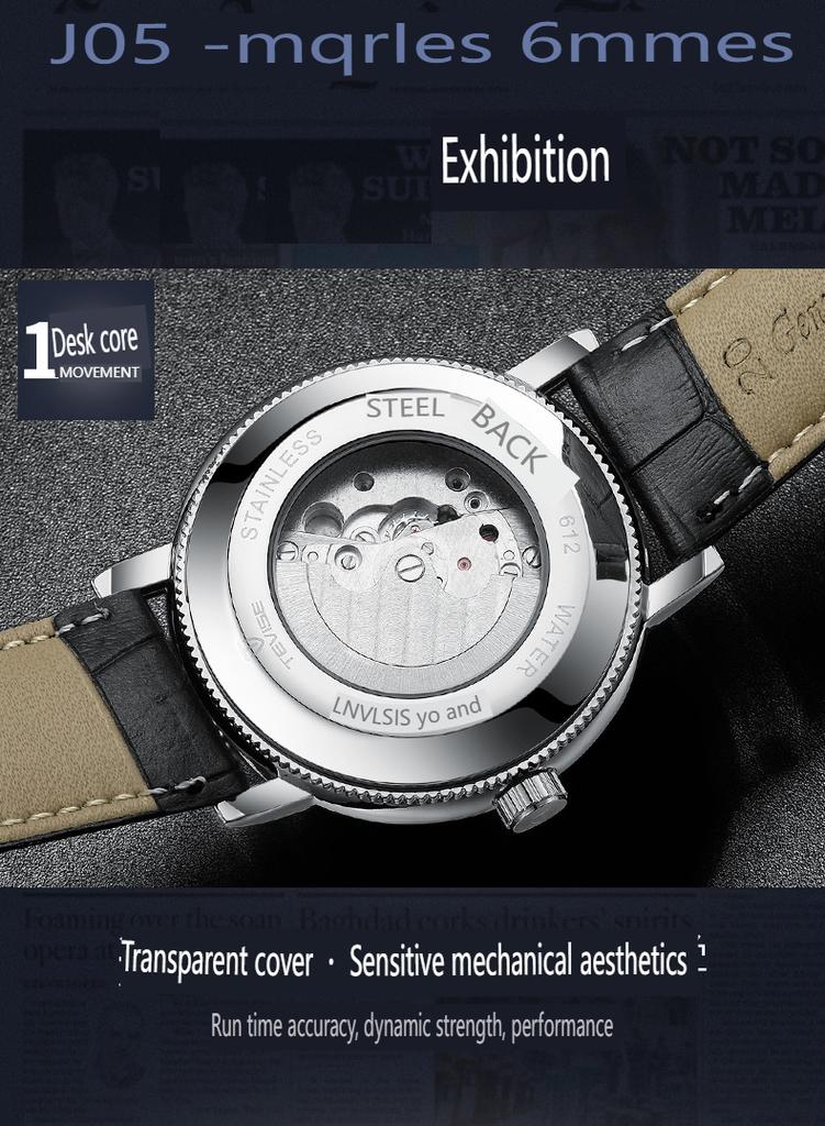 Fashion Tevise Automatic Mechanical Mens Watch With Genuine Leather Strap Luminous Moon Phase Tourbillon And Popular Design