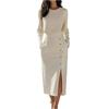 Women's Fashionable Long Sleeved Mature Style Solid Color Round Neck Cinched Waist Slit Metal Button Zipper Dress