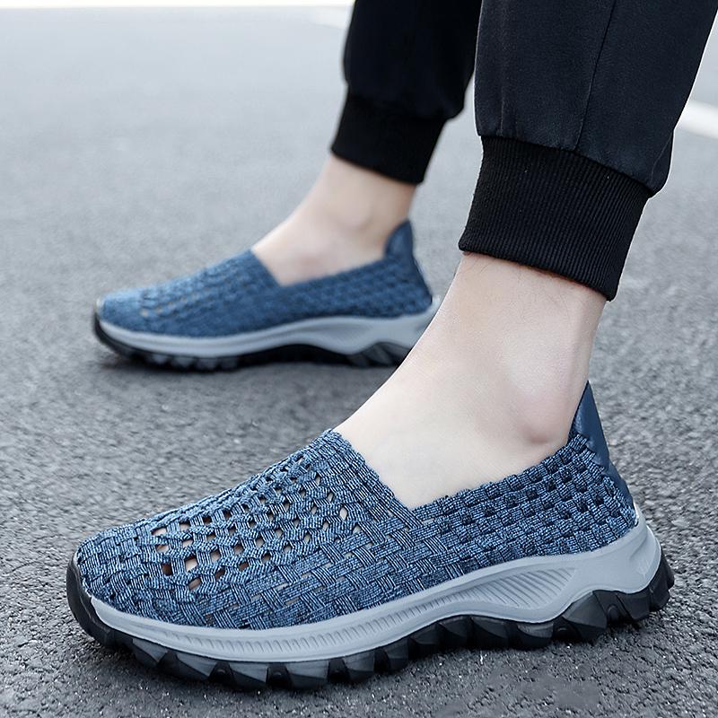 Summer Men Sneakers Braid Beach Shoes Casual Weave Blue Grey Breathable Slip on Flats Tennis Sneakers