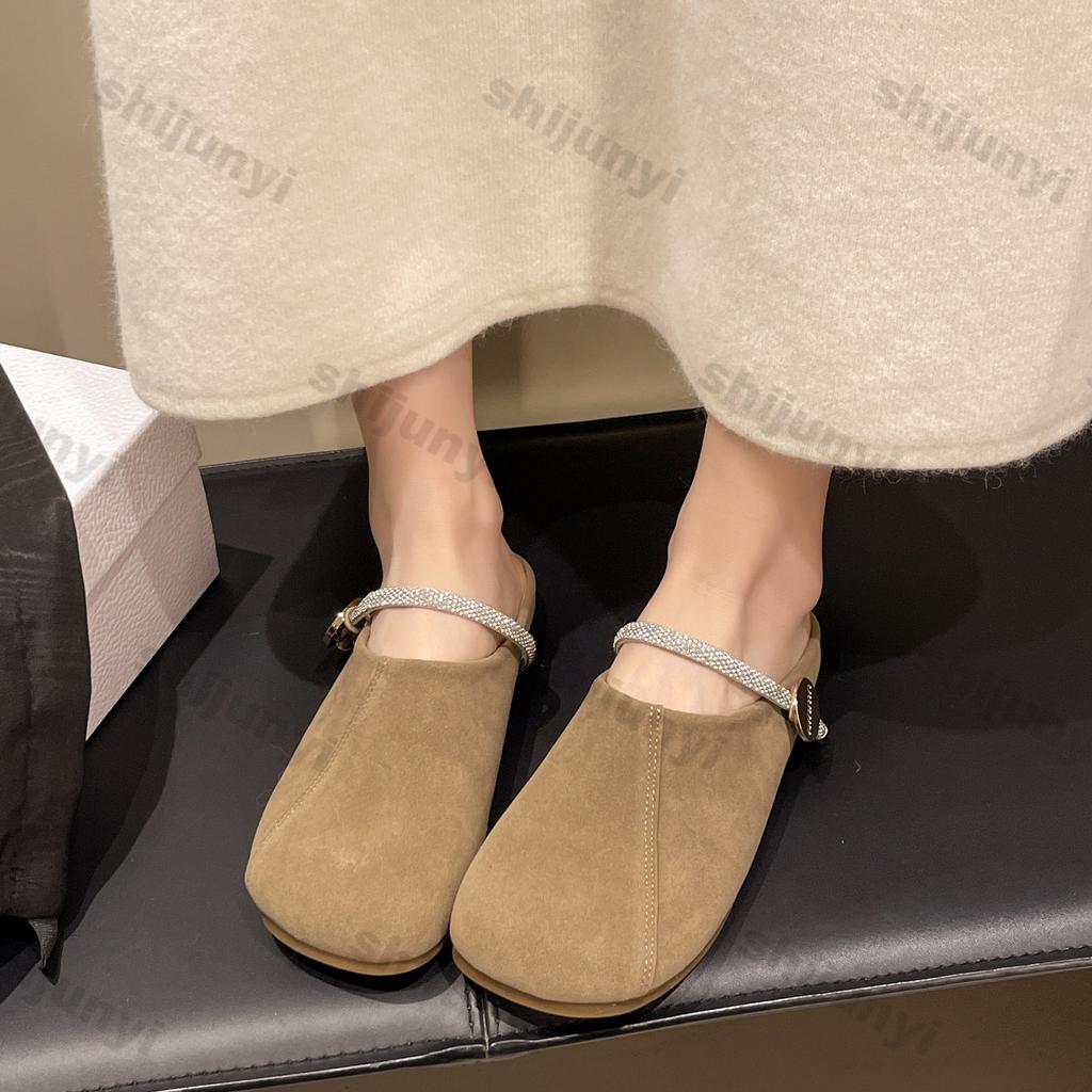 Women Shoes 2025 Summer New Vintage Rhinestone Half Drag Shoes Outdoor Comfort Soft Sole Metal Decoration Women Sandals