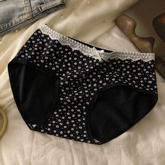 Ladies Spring and Autumn Sweet Floral Print Lace Lace Comfortable Breathable Mid Waisted Briefs