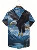 Men's Summer Short-Sleeve Button- Shirt, American Vintage Style with Moonlit Night Bald Eagle, Snow Mountain, and Lake Scenery Print. A Versatile,