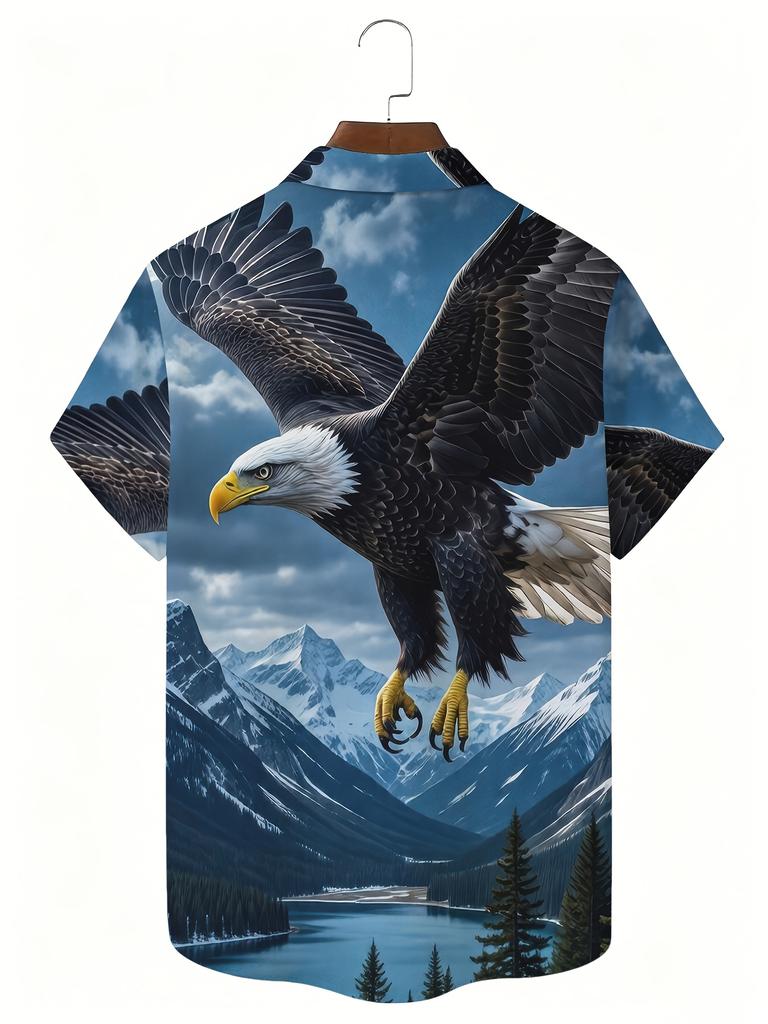 Men's Summer Short-Sleeve Button- Shirt, American Vintage Style with Moonlit Night Bald Eagle, Snow Mountain, and Lake Scenery Print. A Versatile,