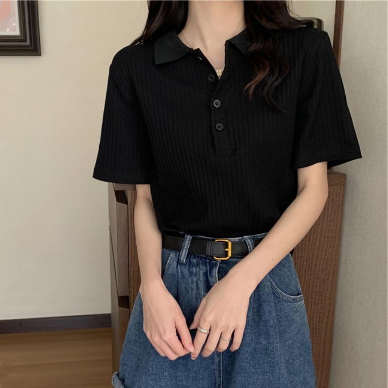 

Черная футболка с полуоткрытым воротником, женская летняя крутая короткая тонкая трикотажная одежда из ледяного шелка в полоску, поло с лацканами, топ с короткими рукавами