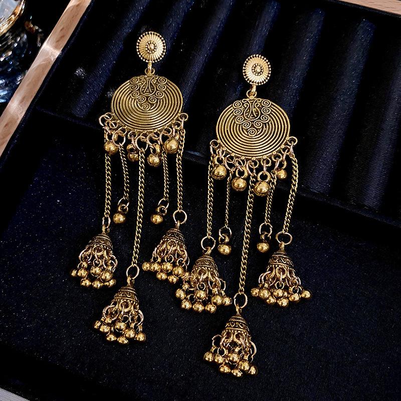 Retro Ethnic Style Round Wind Chime Earrings with Tassel and Silver Needle - High-Grade Metallic Texture for Women