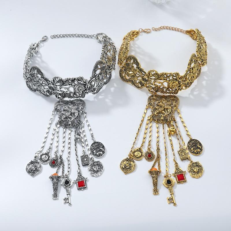 Bohemian Retro Long Necklace Key Fish Pendant Multi-layer Flower Tassel Woman