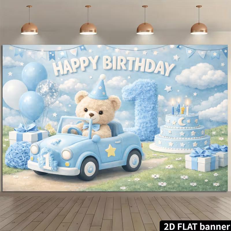 2D Teddy Bear Car 1st Birthday Backdrop Photography Background 47.2x31.5inch/120*80cm