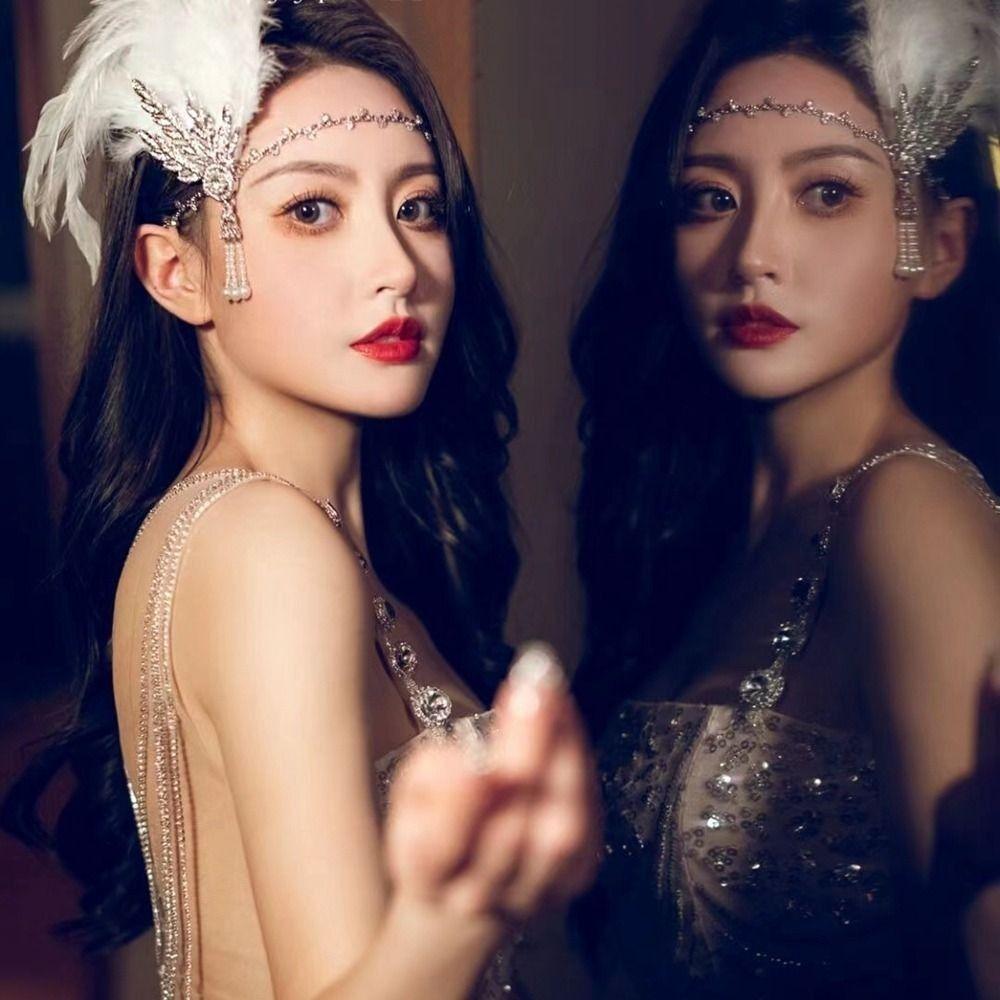 Black Sequin Feather Headwear Rhinestone Beaded Korean Style Headband  Cosplay Event