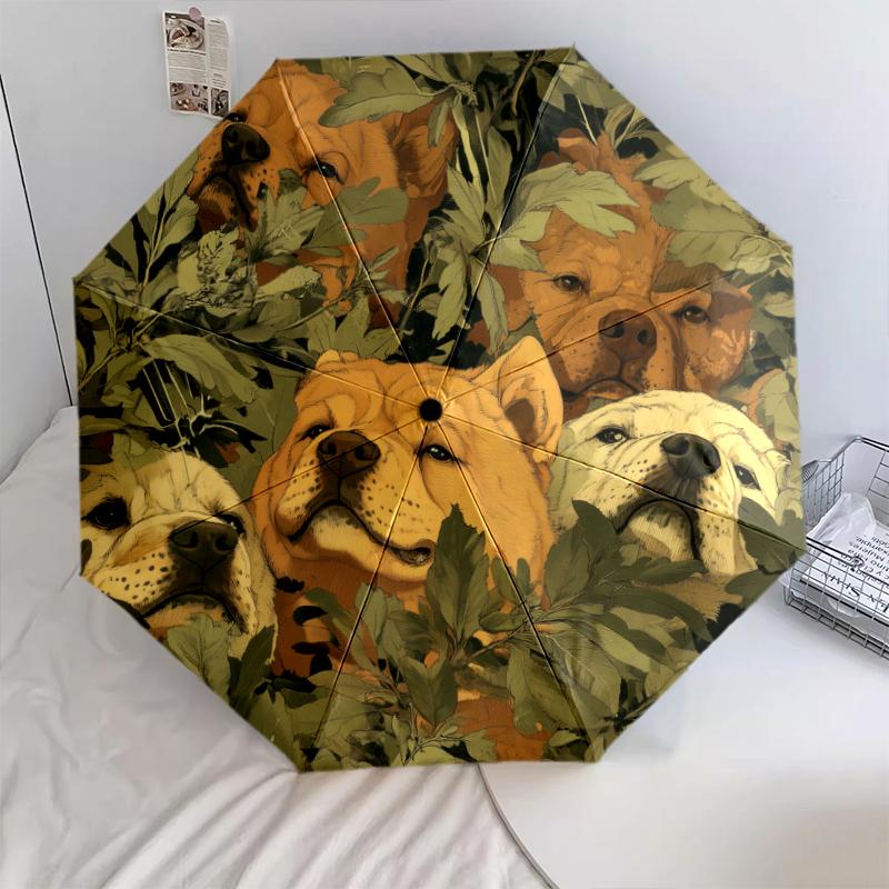 Chow Chow and Leaves Pattern, Automatic Folding Umbrella, Portable and Foldable Design, 8 Ribs, a Christmas or Birthday Gift.