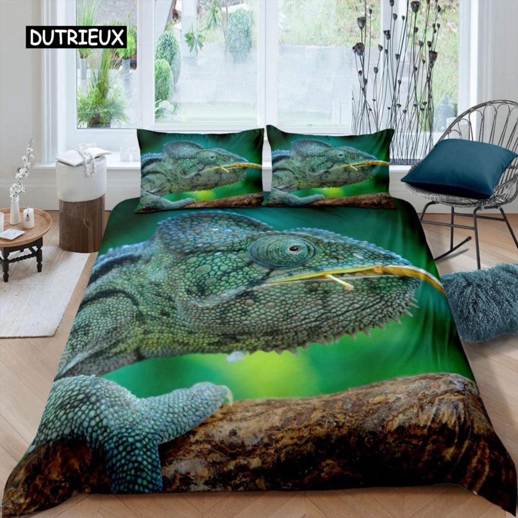 Chameleon Duvet Cover Set 3D Wild Animal Theme Twin Bedding Set Wildlife Comforter Cover Boys Green Leaf Polyester Quilt Cover