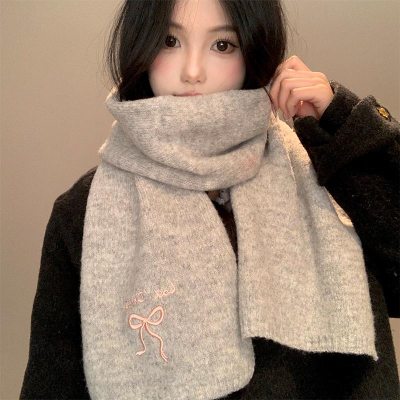 2025 Winter  College Style Imitation Cashmere Scarf Solid Color  Embroidered Bow Couple Scarf