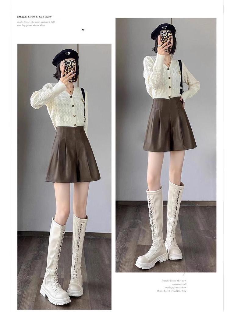 Women's High-Waist Khaki A-Line PU Leather Shorts, Autumn/Winter 2024, Wide-Leg Bootcut Casual Wear