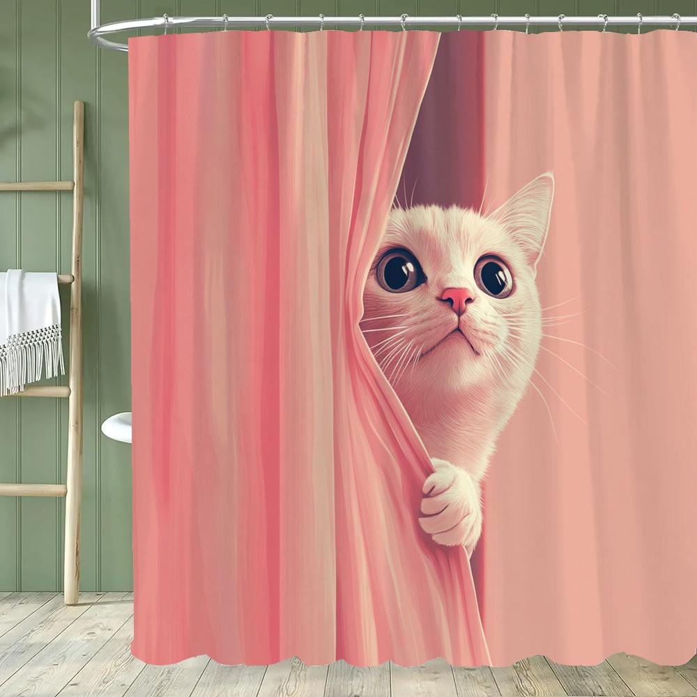 Cartoon Hipster Cat Shower Curtain - With Hooks, Easy To Clean, Adds a Quirky and Stylish Touch To Your Bathroom Decor Curtain