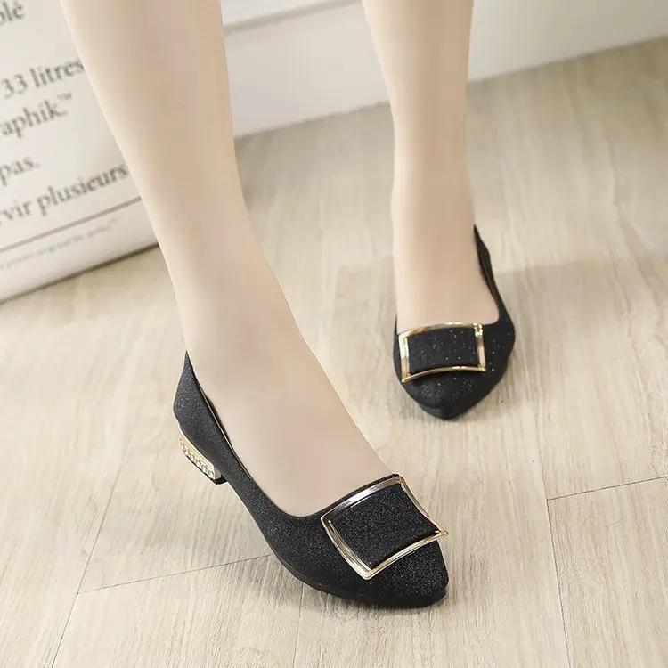 Shoes Women Women Sequins Shallow Square Buckle Slip On Low Heel Shoes Pointed Single Shoes Lady Leather Thick Single