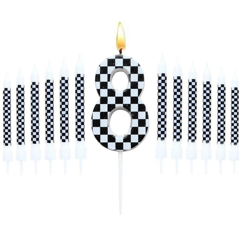 1/6/12/13 Pcs Racing Cars Themed Birthday Candles Black and White Race Number Checkered Candle Cake Topper for Racing Car Party