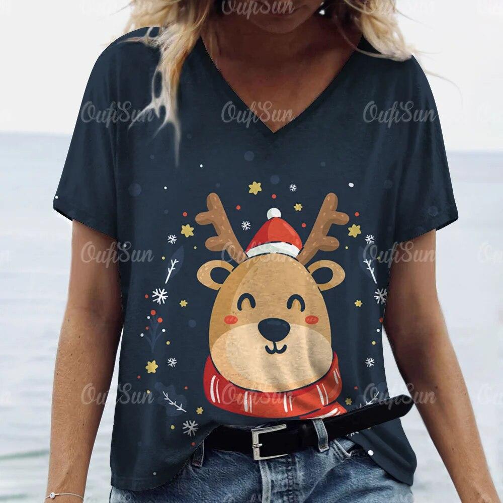 

Рождественский элемент, женская футболка с v-образным вырезом, топ с короткими рукавами, женская одежда с забавным узором, футболка для рождественской вечеринки, пуловер для женщин