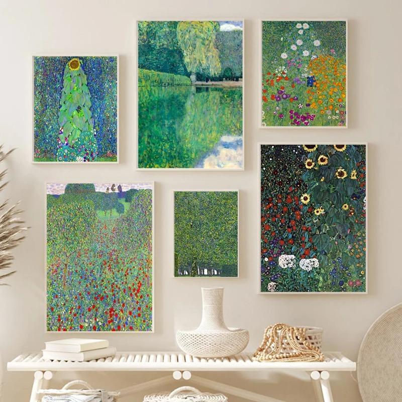 Gustav Klimt Green Flower Garden Flora Lady Wall Art Canvas Painting Nordic Poster and Prints Wall Picture for Living Room Decor