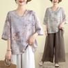 Women Floral Bamboo Print V Neck Half Sleeve Linen Blend Loose Blouse