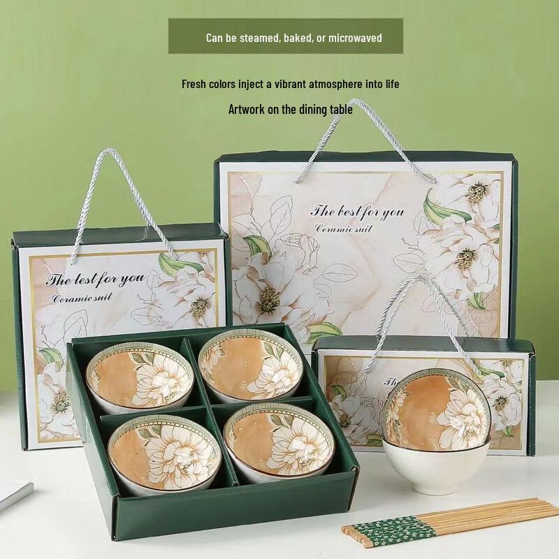 ZISIZ Camellia Ceramic Bowl and Chopstick Gift Set