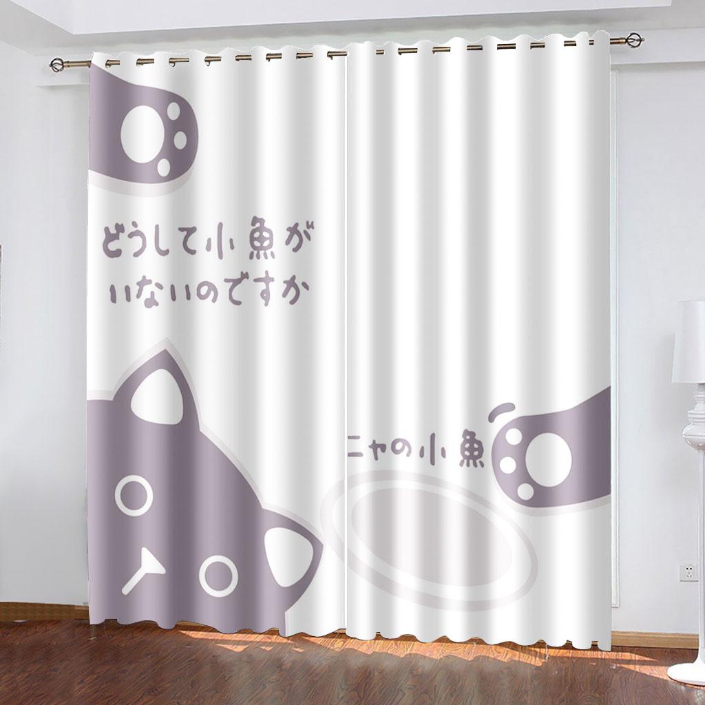 Polyester Window Curtain for Bedroom and Living Room, 2 Panel Decor Hooks, Black Cute Cat, Thin Shading, 130x240, Free Shipping