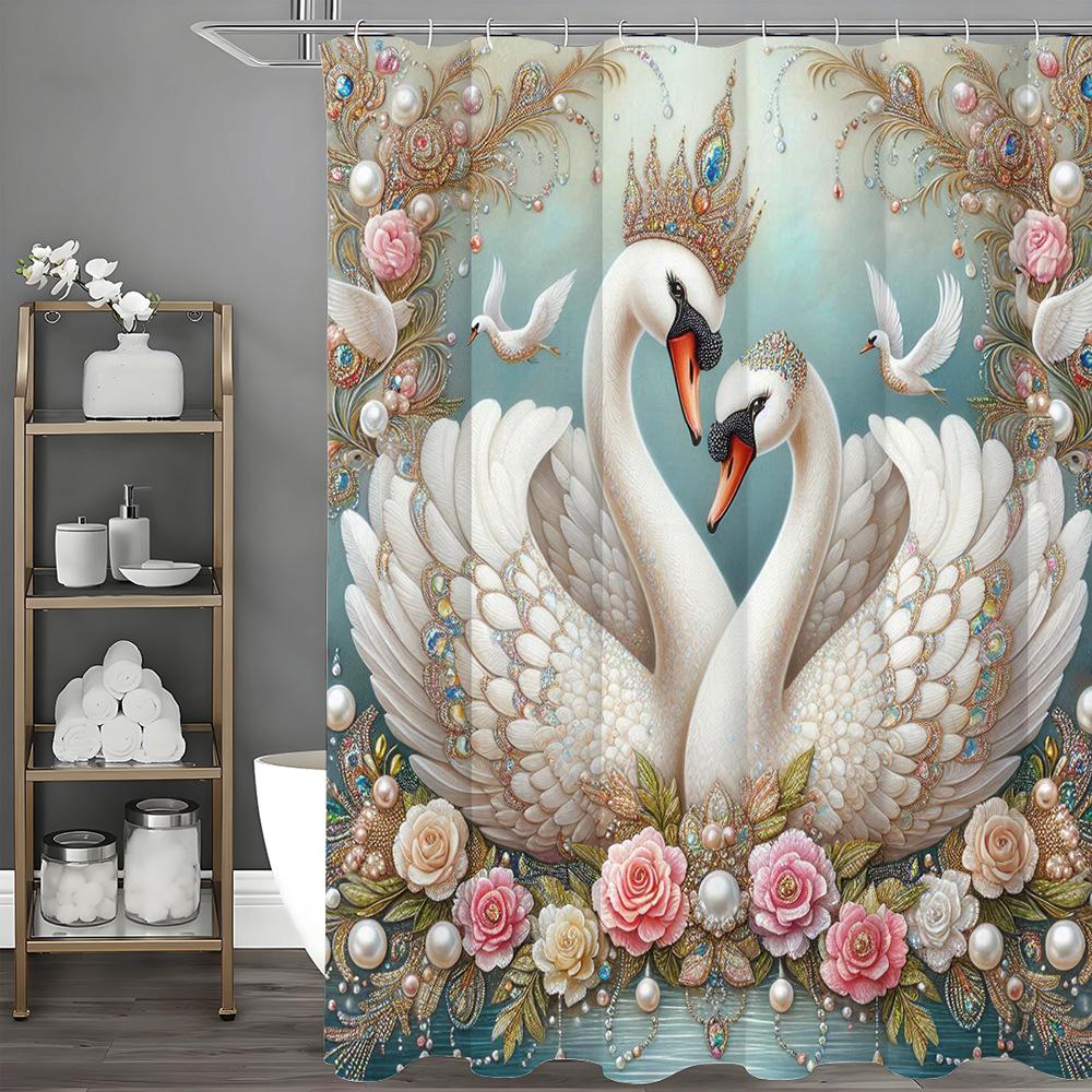 

Swan Adorned With Jewels Shower Curtain Washable Dirt-Resistant Shower Head Waterproof Polyester Bath Curtain For Home Decor W60H190(CM)-1 Pcs