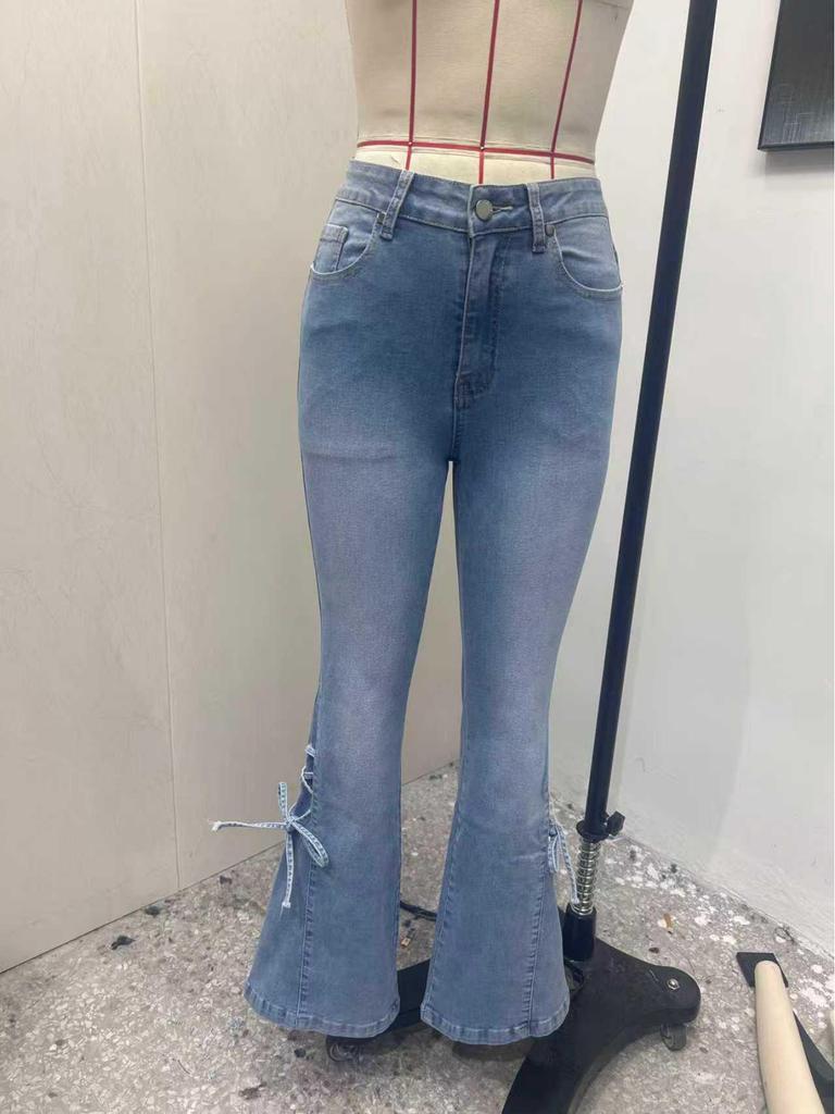 Cross-border Women's Mid-Waist Elastic Slimming Flare Bow Lace-up Jeans