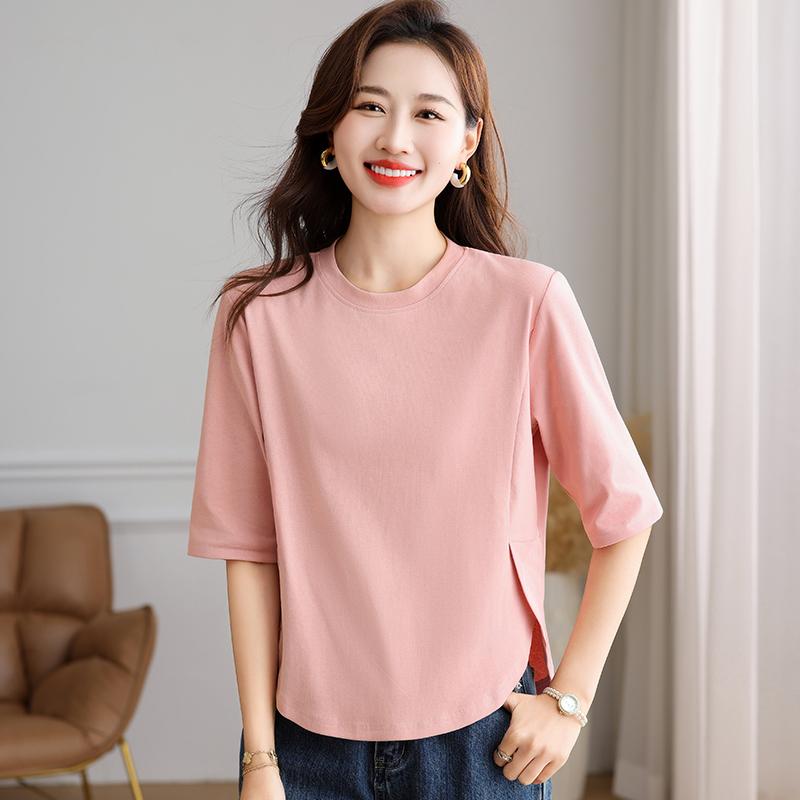 Simple Round Neck Short Sleeved Women's Summer Base T-shirt