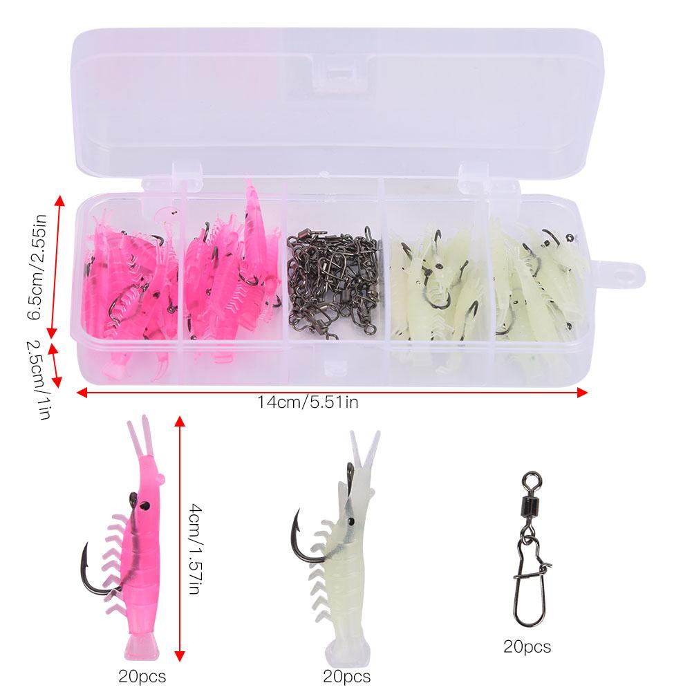 T0055 60PCS Soft Plastic Lures Shrimp Bait Set Kit with Hook Connector Fishing Tackle Tools Accessory7# Hook