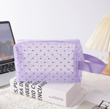 Ultra-Light Nylon Mesh Makeup Bag with Flocking Heart Design for Travel