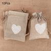 10Pcs Natural Linen Burlap Bag Heart Jute Drawstring Candy Gifts Packaging Bags For Wedding Birthday Party Decor Jewelry Pouches