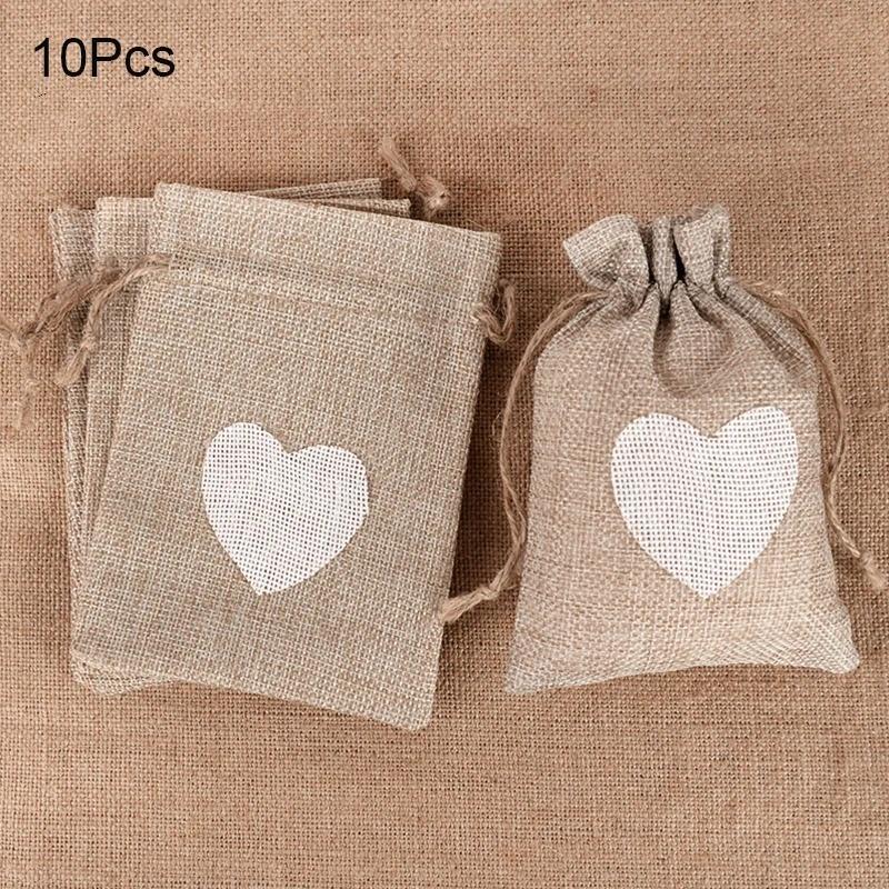 10Pcs Natural Linen Burlap Bag Heart Jute Drawstring Candy Gifts Packaging Bags For Wedding Birthday Party Decor Jewelry Pouches