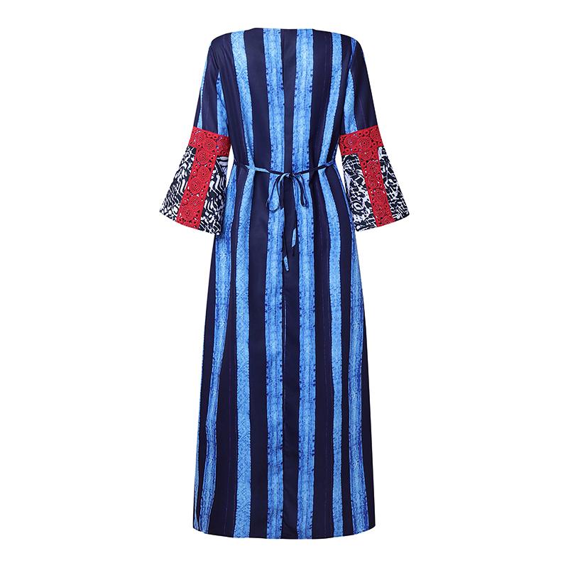 Plus Size Women 3/4 Sleeve Floral Striped Print Casual Loose Long Maxi Kaftan Dress