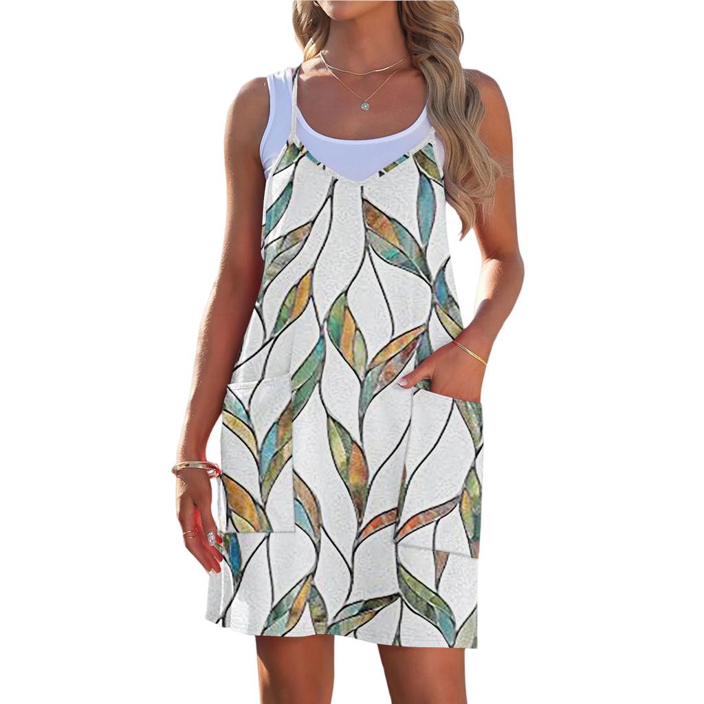 Dámské módní letní tištěné volné bez rukávů s kapsou V-výstřih šaty