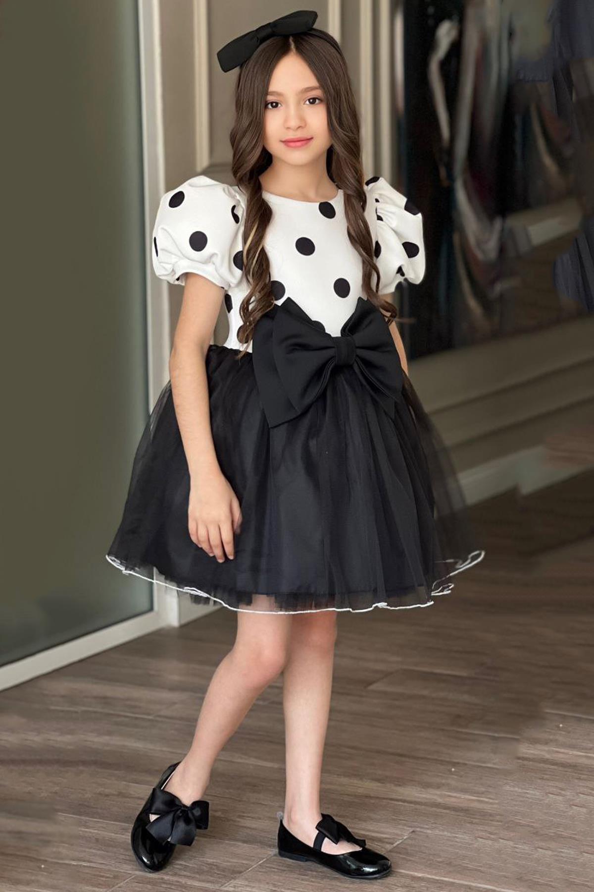 

Girl s Balloon Sleeve Polka Dot Skirt Fluffy Tulle Bow Detailed Black Dress 2-12 Years