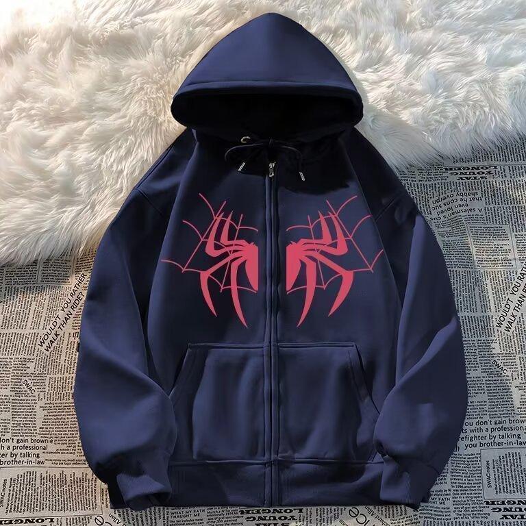 Retro Spider Print Fleece Hooded Sweater Autumn and Winter 2026 New Trendy Brand Loose Niche High Street Jacket