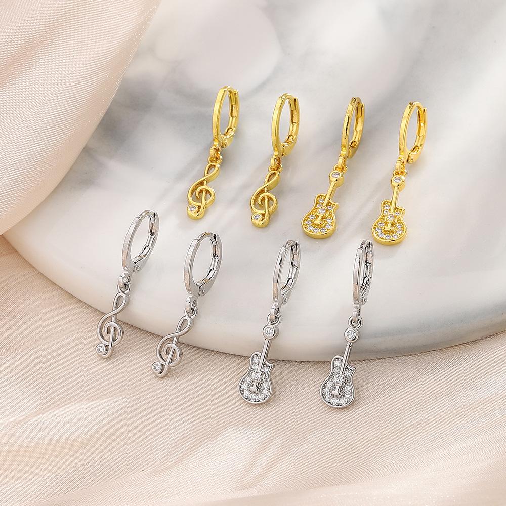 Zirkon Kytara Housle Náušnice Vynikající nástroj Asymetrické náušnice Noty Náušnice Žena