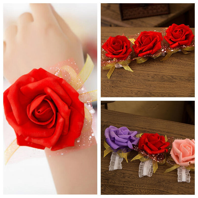 Bridesmaid Wrist Corsage Wedding Party Rose Bracelet Silk Flowers Ribbon